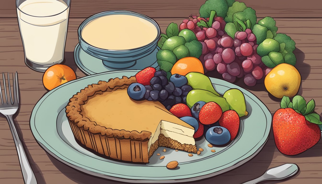 A shoofly pie surrounded by vibrant, fresh fruits and vegetables, with a glass of almond milk on the side