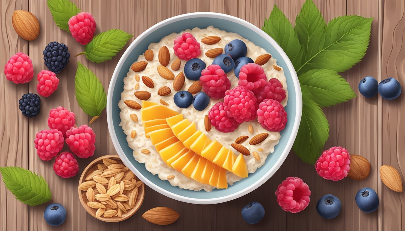 A bowl of overnight oats topped with raspberries, almonds, and other colorful fruits arranged on a wooden table