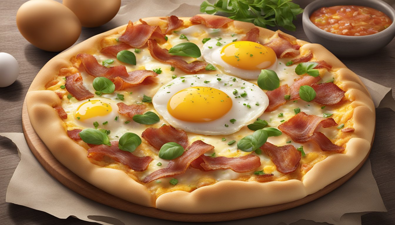 A sizzling bacon and egg pizza with a golden, crispy crust and savory toppings