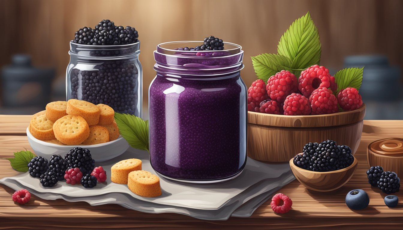 A jar of blackberry chia seed jam surrounded by a variety of berries and diabetic-friendly snacks, arranged on a rustic wooden table