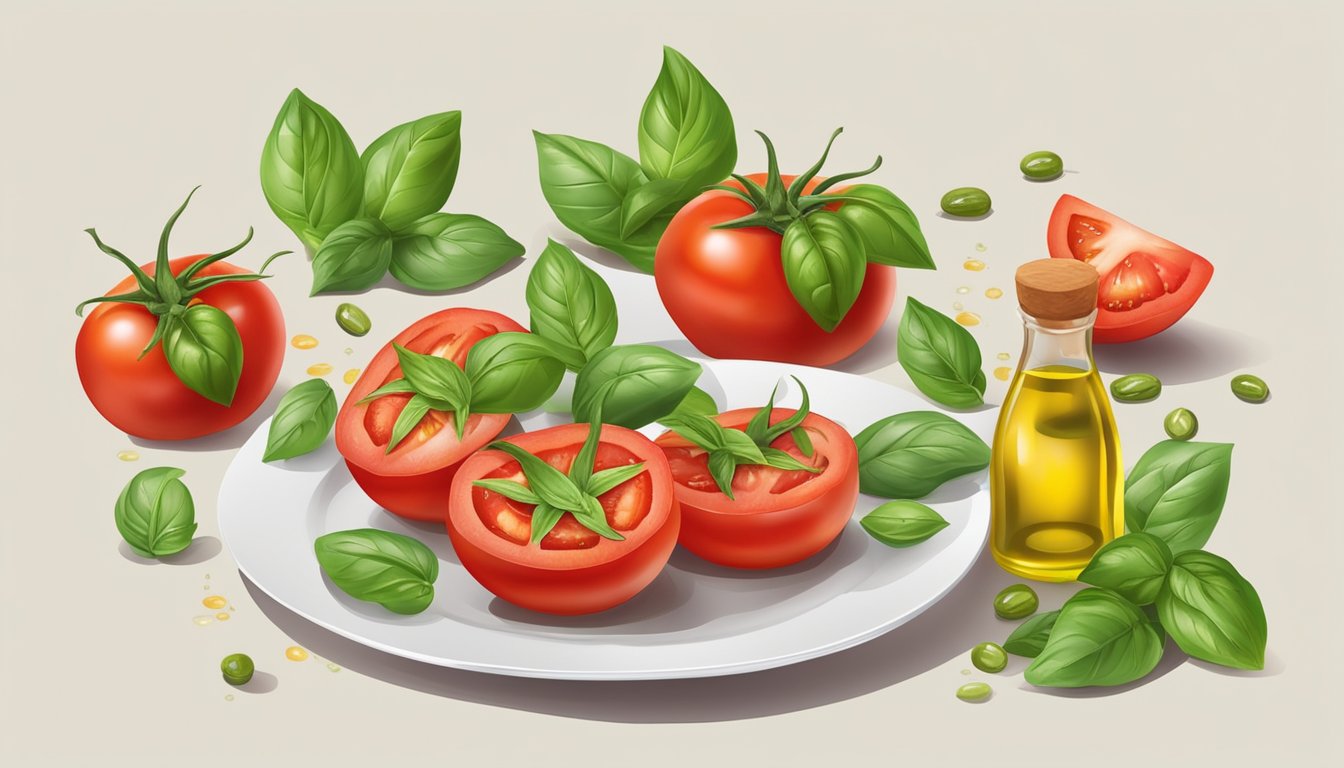 A colorful array of ripe tomatoes and fresh basil leaves arranged on a white plate, with a drizzle of olive oil and a sprinkle of salt