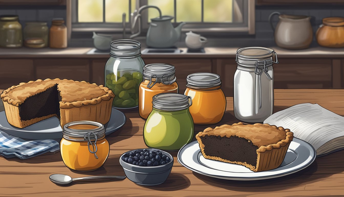 A rustic kitchen table with a freshly baked shoofly pie, surrounded by jars of fruit preserves and a vegan cookbook