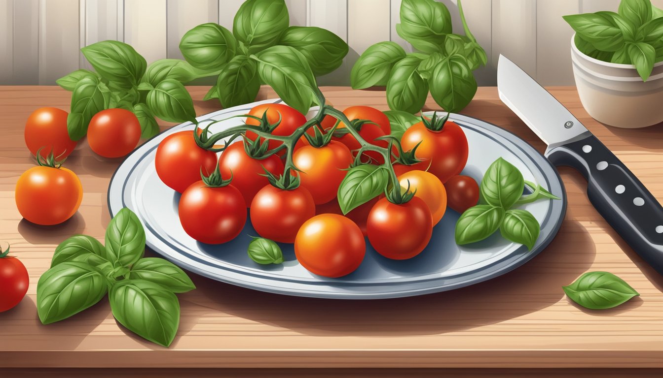 A plate of stuffed cherry tomatoes surrounded by fresh basil leaves and whole tomatoes, with a kitchen knife and cutting board in the background