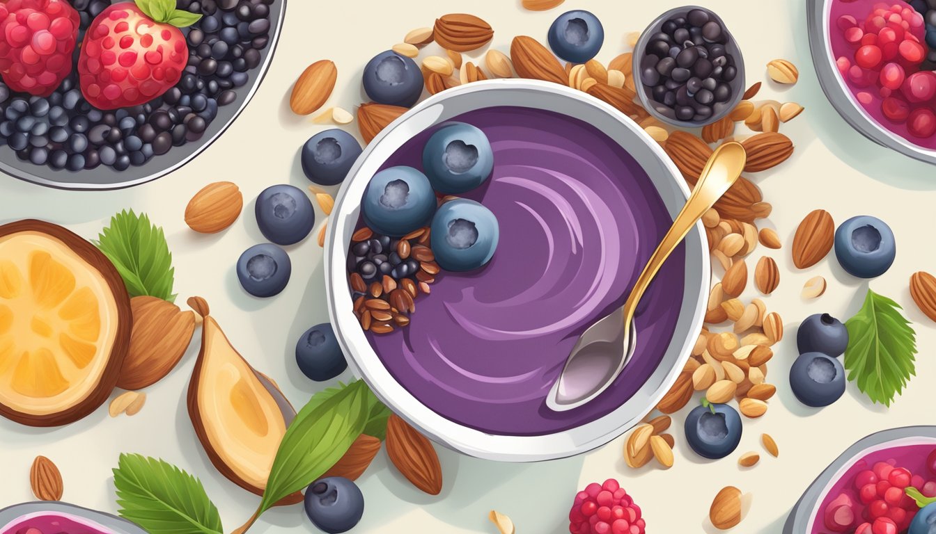 A colorful acai berry smoothie bowl surrounded by various fresh berries and nuts, with a spoon resting on the side