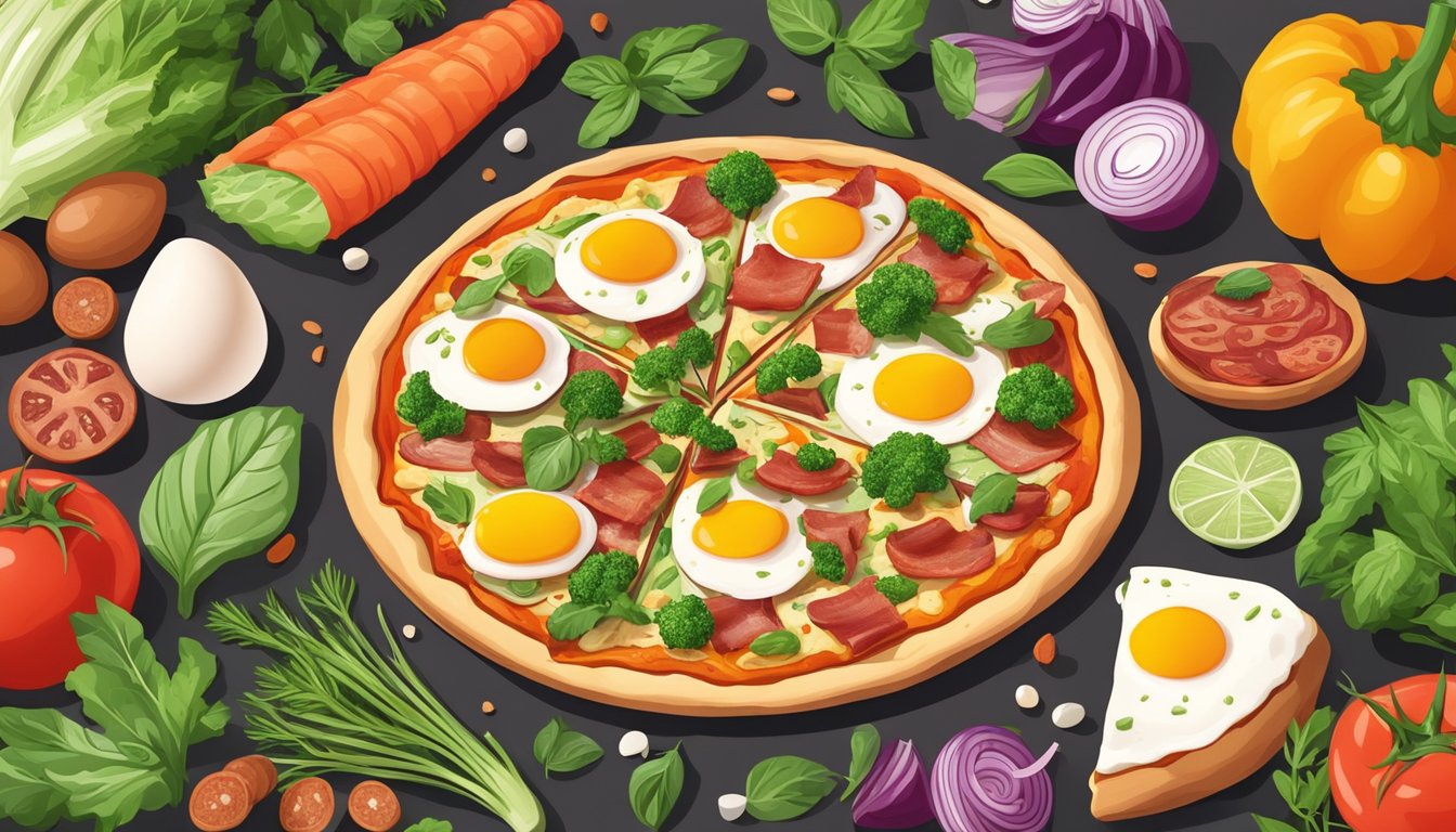 A colorful pizza topped with vegan bacon and egg alternatives, surrounded by fresh vegetables and herbs