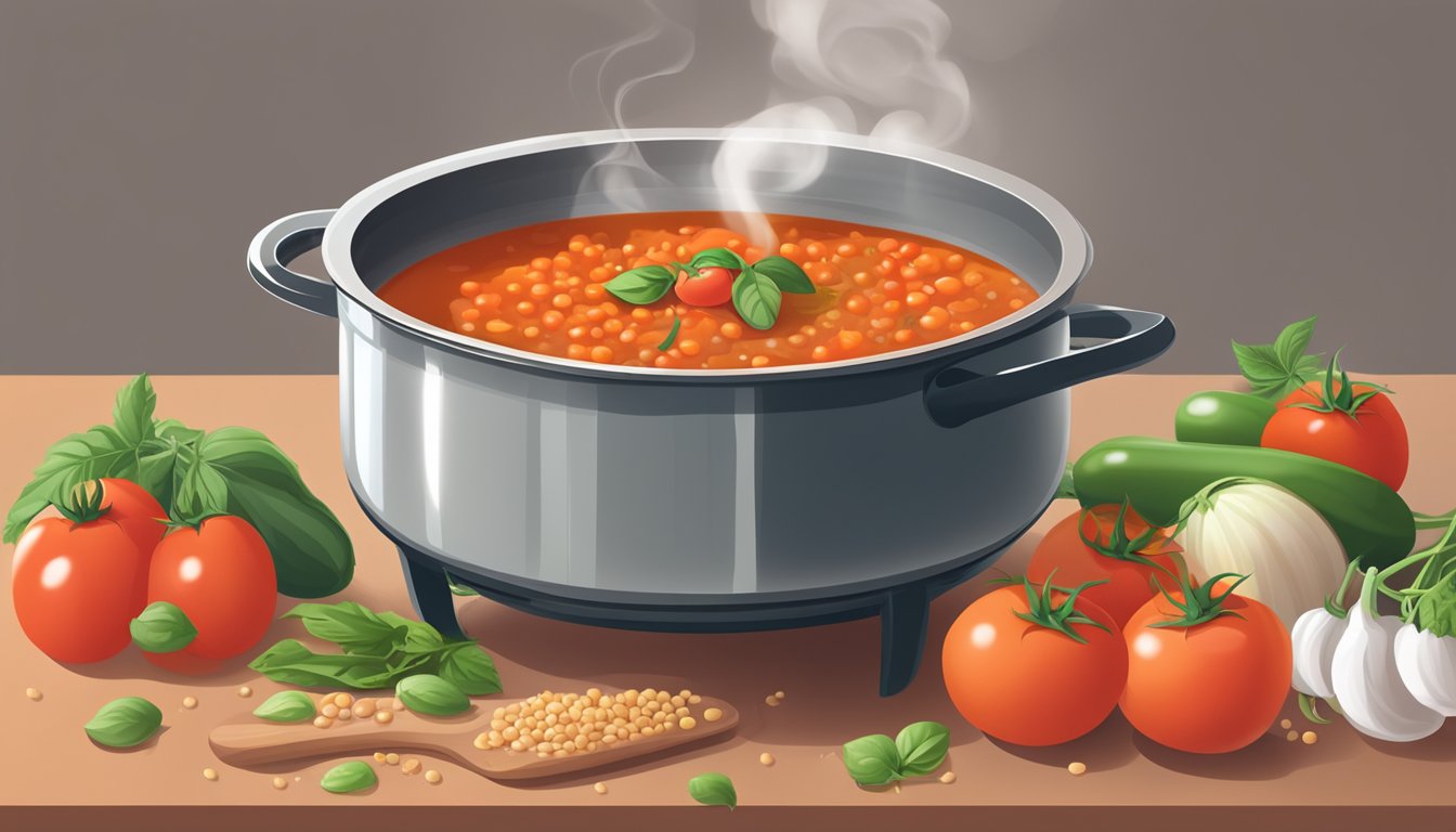 A steaming pot of tomato lentil soup surrounded by fresh tomatoes, lentils, and other healthy ingredients on a clean kitchen counter