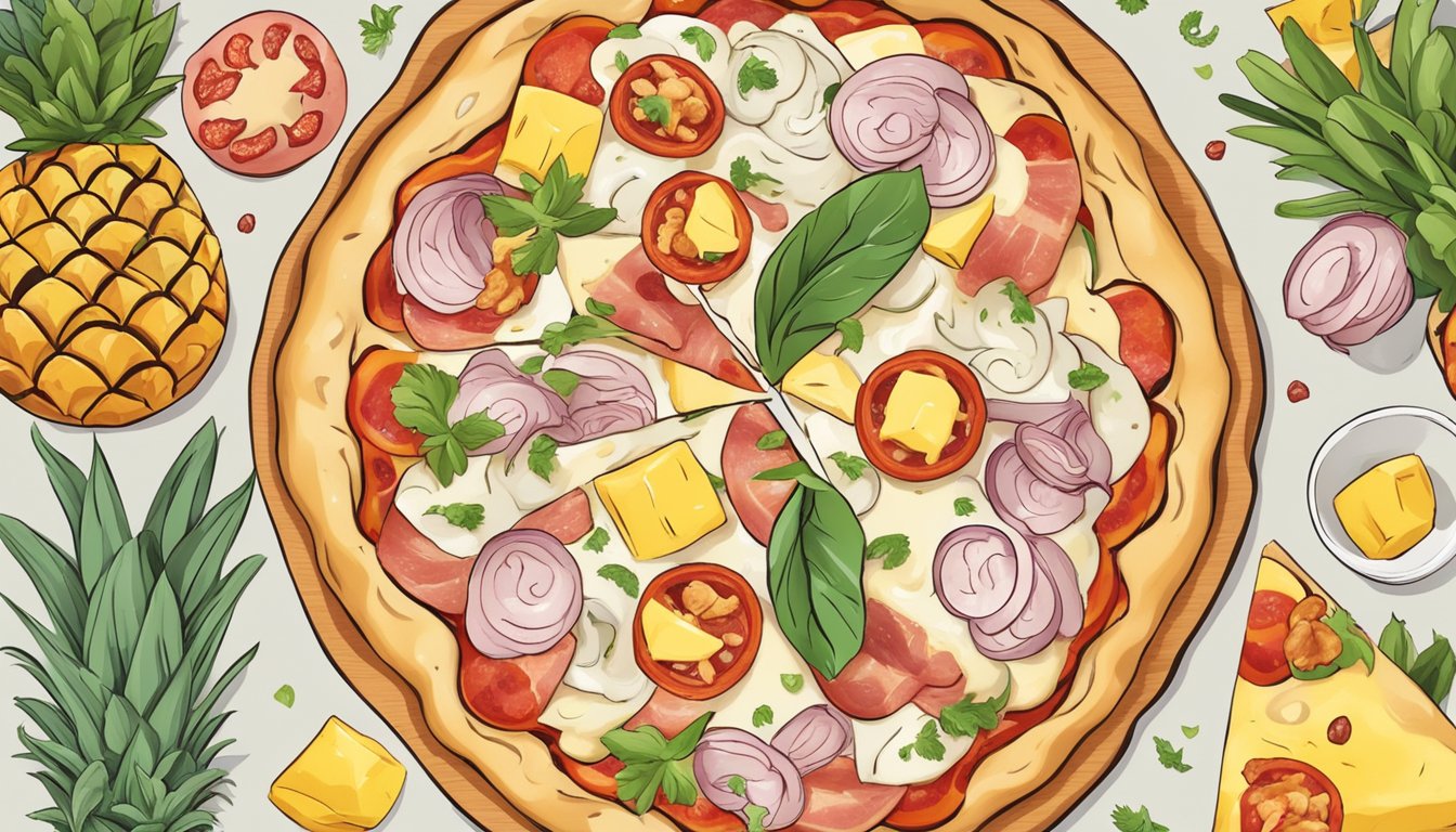 A pizza topped with chicken, bacon, and pineapple, surrounded by vegan ingredients and symbols