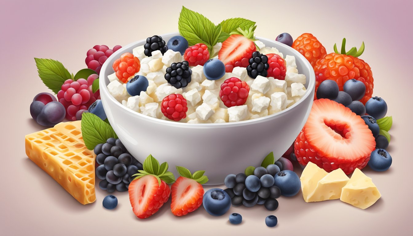 A bowl of cottage cheese topped with a colorful mix of fresh berries, surrounded by a variety of berry-based dishes and snacks