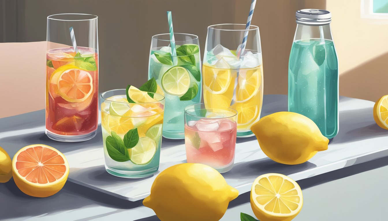 A table with four different beverages: a glass of water with lemon, a bottle of unsweetened iced tea, a can of sparkling water, and a glass of homemade fruit-infused water