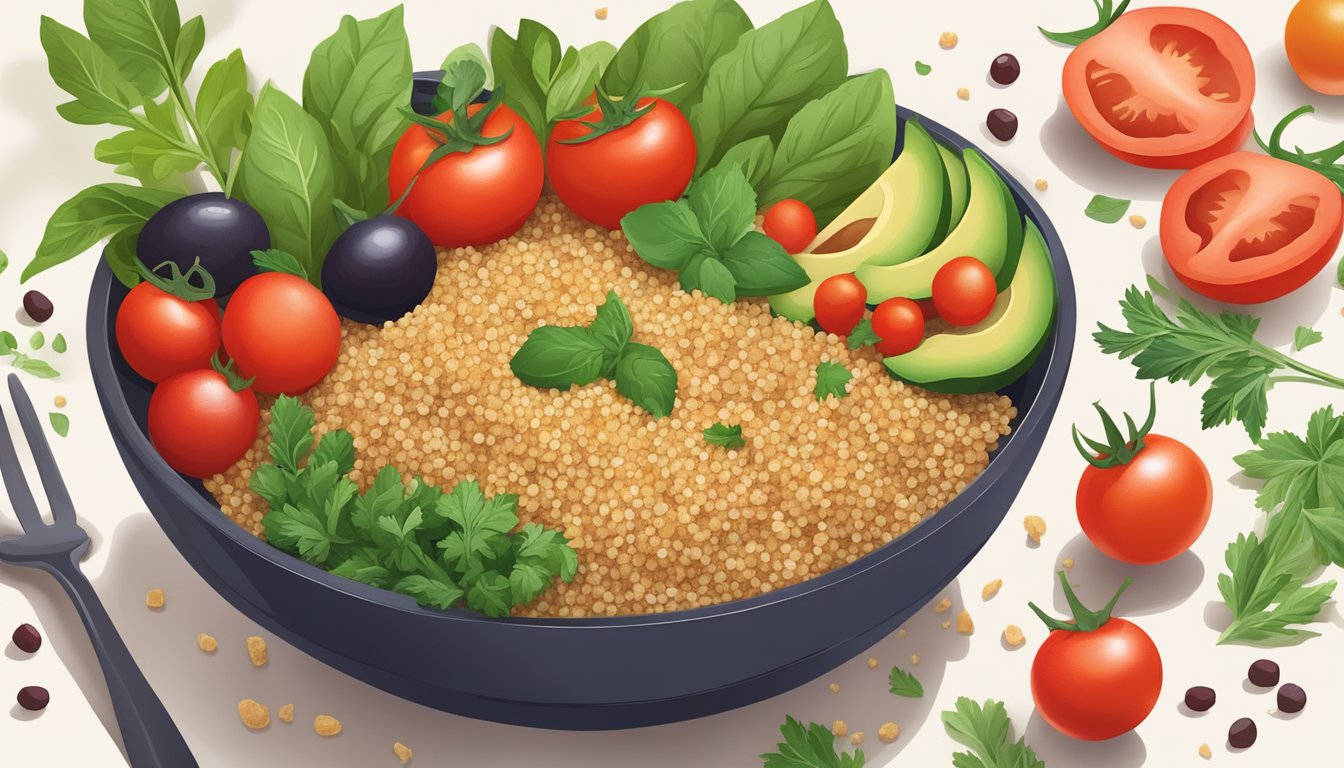 A colorful bowl filled with quinoa, cherry tomatoes, and fresh herbs, surrounded by other healthy ingredients like avocado and leafy greens