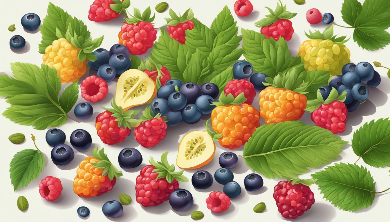 A colorful spread of assorted berries arranged on a table, surrounded by vibrant green leaves and a few scattered seeds