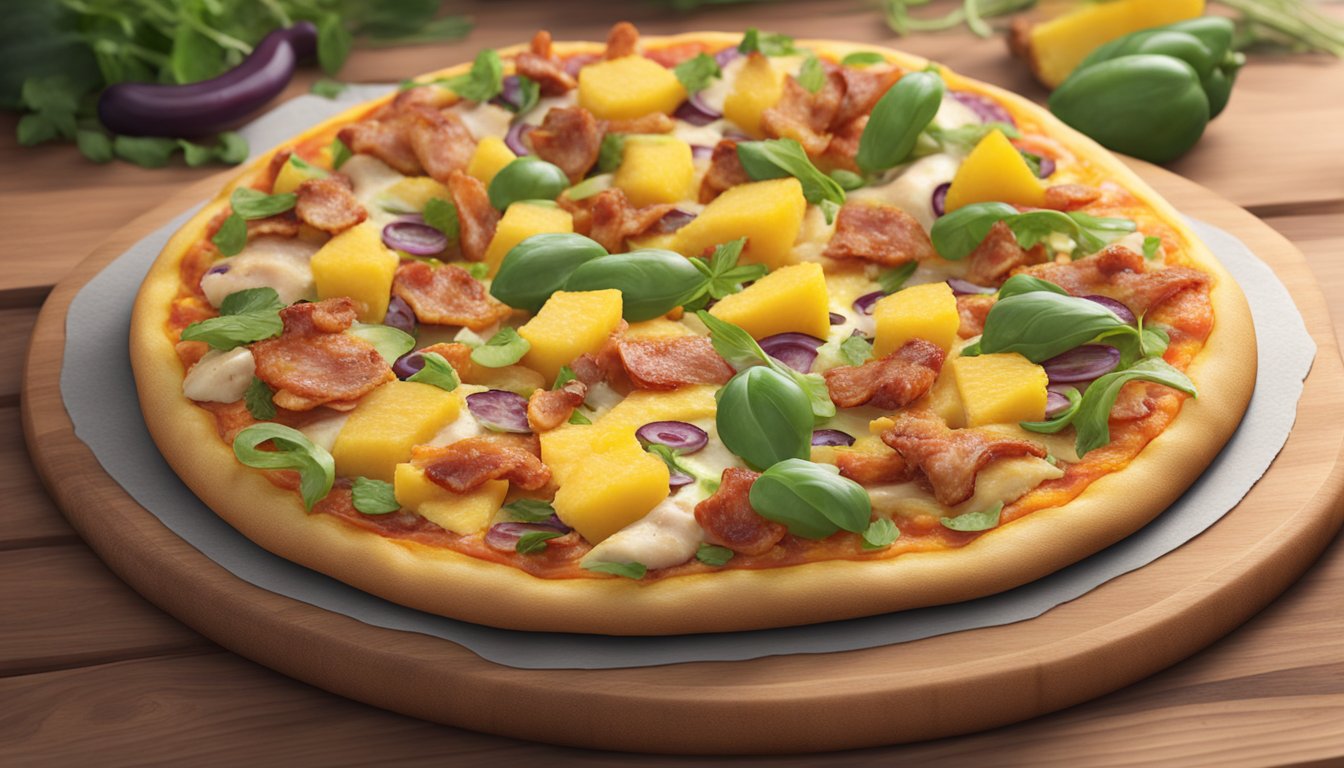 A colorful vegan pizza with chicken bacon and pineapple toppings on a wooden pizza board