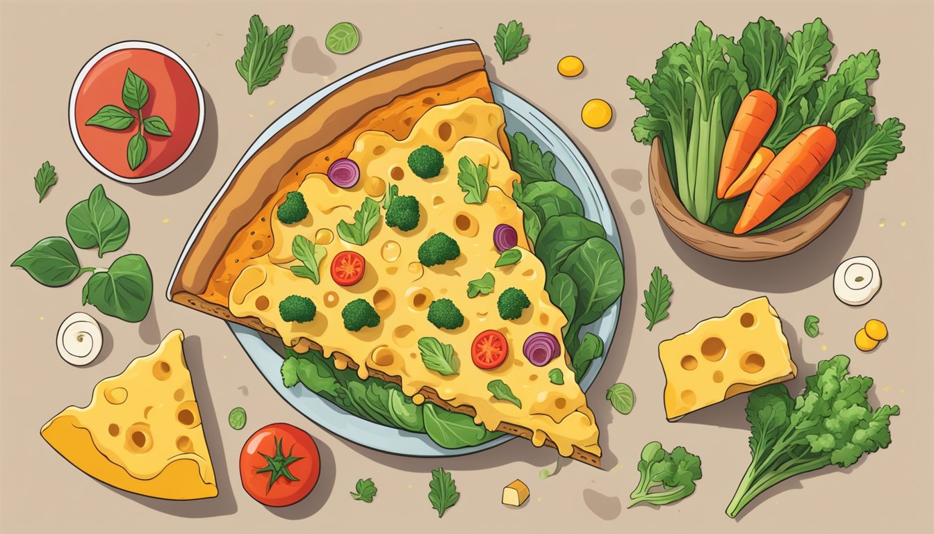 A slice of mac and cheese pizza surrounded by colorful vegetables and a plant-based cheese alternative