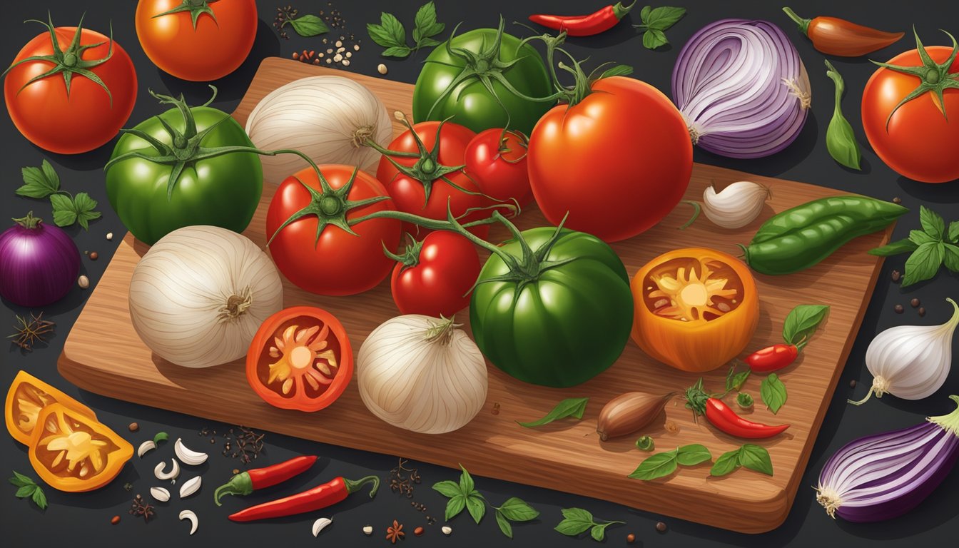 A vibrant assortment of ripe tomatoes, onions, and chili peppers arranged on a wooden cutting board, surrounded by various spices and herbs