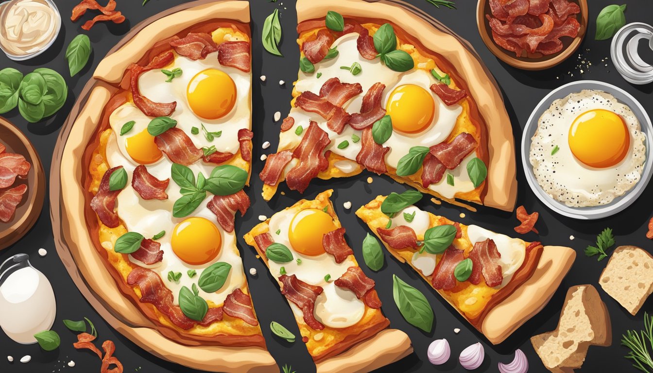 A pizza being topped with crispy bacon and cracked eggs, surrounded by various seasonings and customizing ingredients