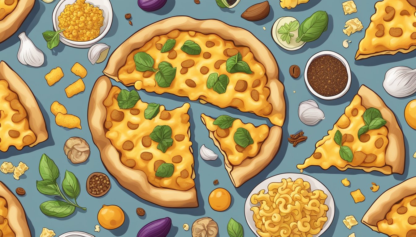 A slice of mac and cheese pizza surrounded by various ingredients and spices