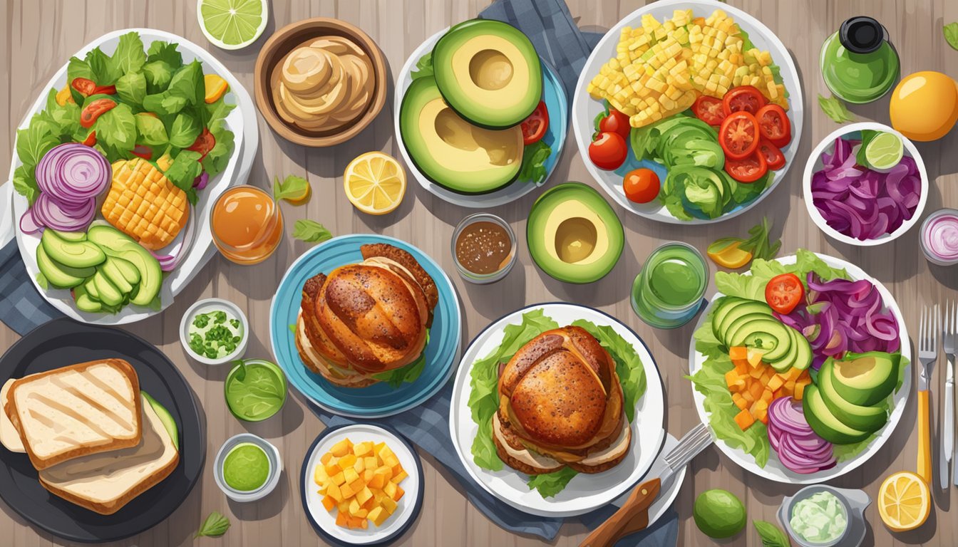 A table set with grilled turkey burgers topped with avocado, surrounded by colorful side dishes and fresh ingredients