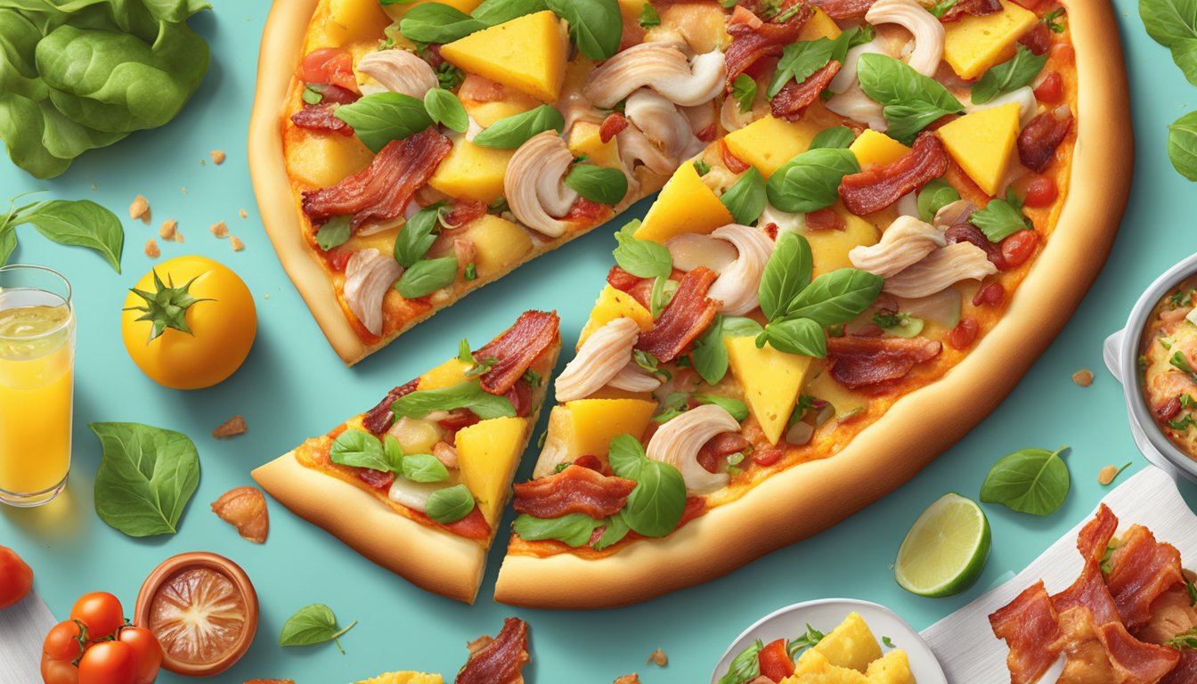 A sizzling pizza topped with juicy chicken, crispy bacon, and sweet pineapple, surrounded by vibrant, fresh vegan ingredients