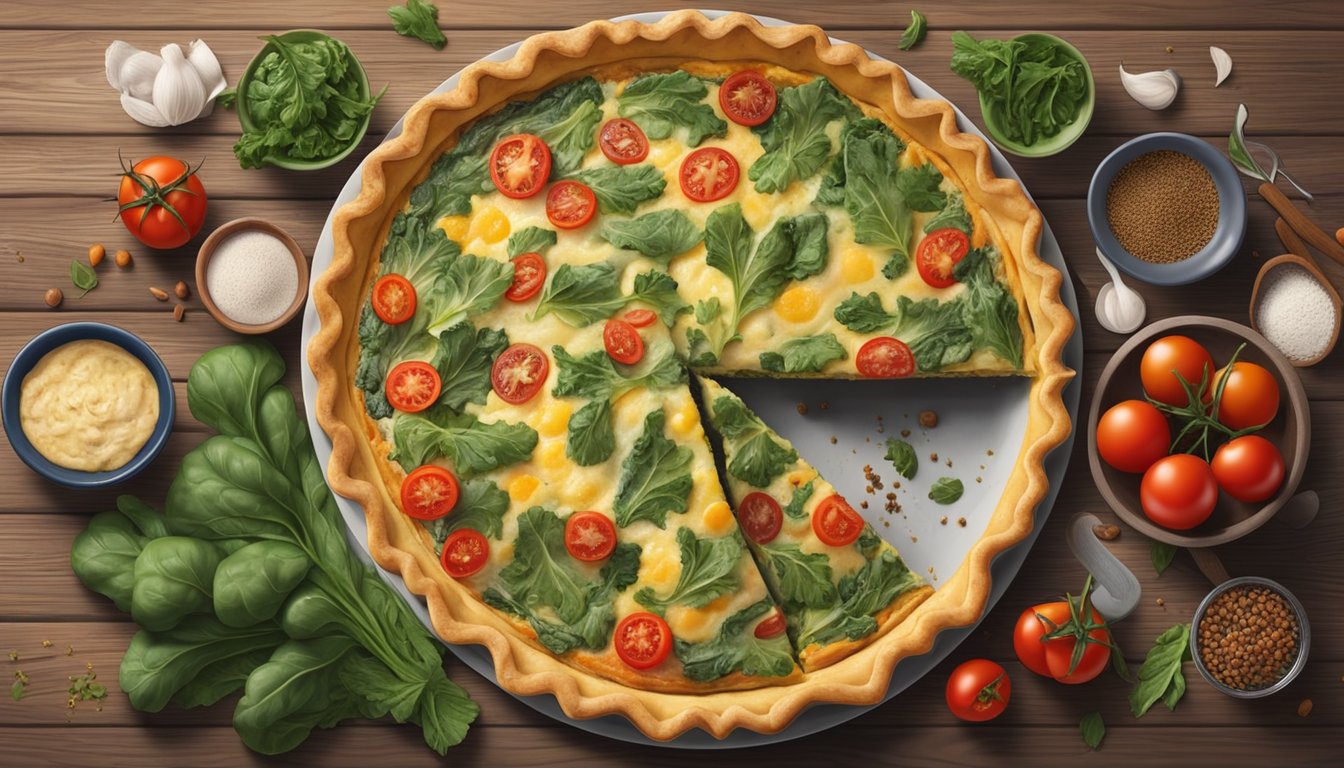 A colorful quiche surrounded by fresh collard greens, tomatoes, and spices on a rustic wooden table