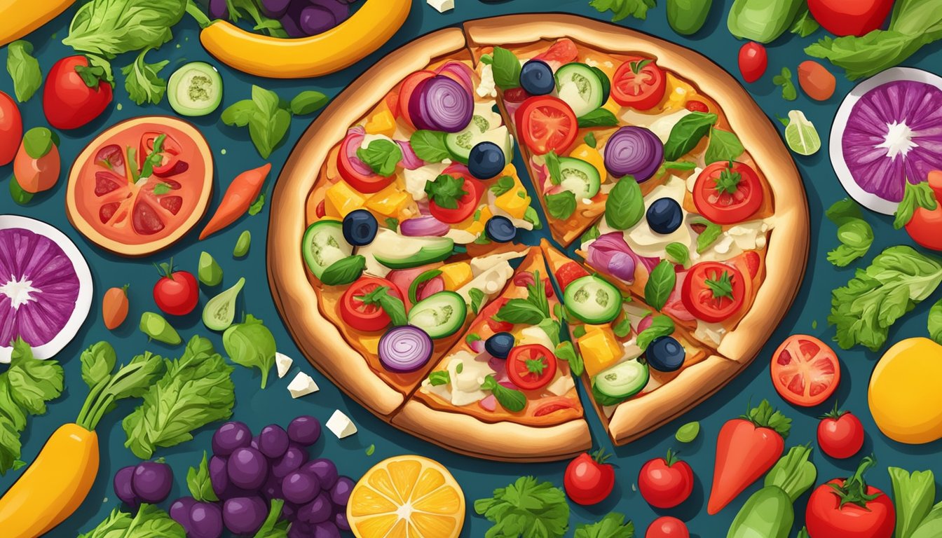 A colorful pizza topped with fresh vegetables and plant-based cheese, surrounded by vibrant fruits and vegetables