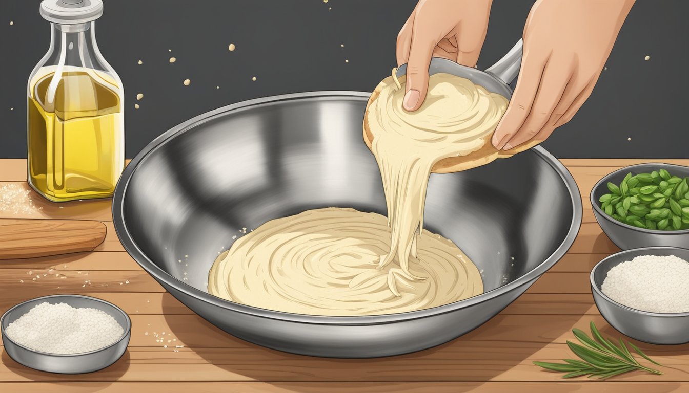 A person mixing vegan pizza dough ingredients in a stainless steel bowl on a wooden countertop, surrounded by flour, yeast, and olive oil