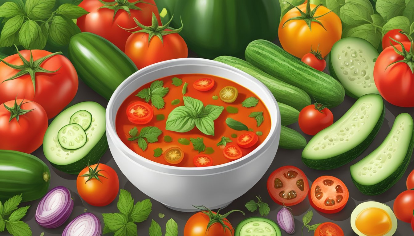 A vibrant array of fresh tomatoes and cucumbers, surrounded by herbs and spices, with a bowl of gazpacho in the center