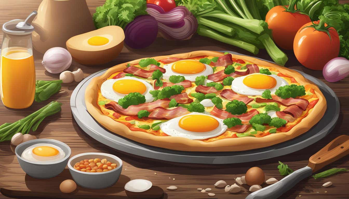 A sizzling bacon and egg pizza surrounded by fresh vegetables on a rustic wooden table