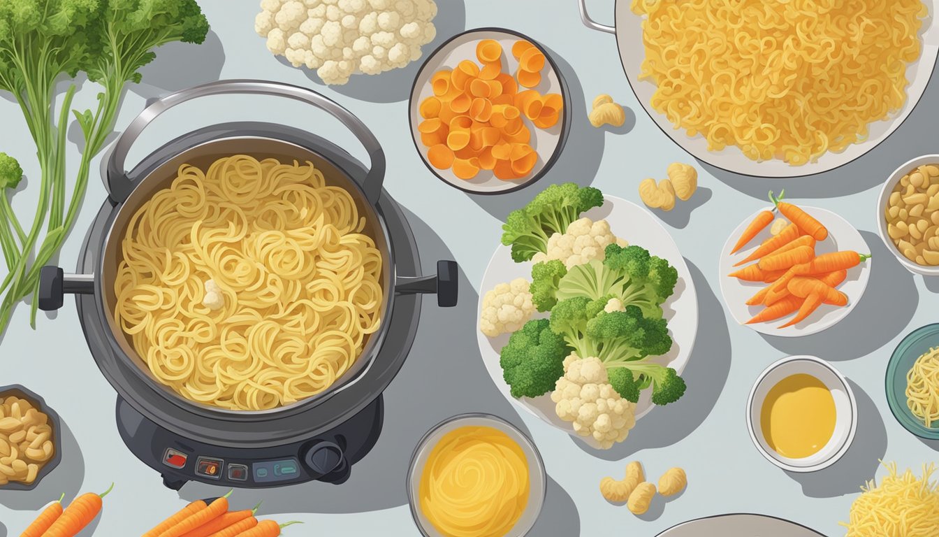 A pot of boiling water with pasta, a blender with cashews and nutritional yeast, and a bowl of steamed cauliflower and carrots