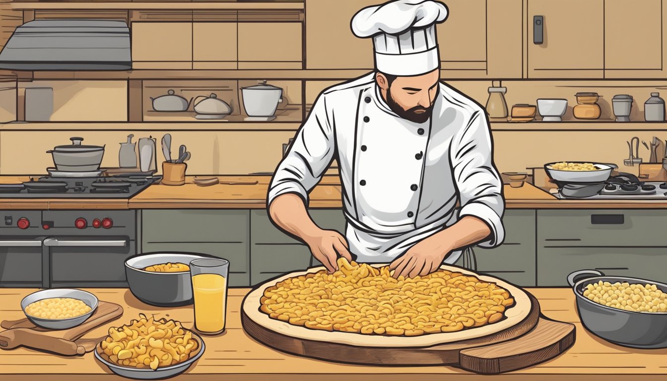 A chef assembles a mac and cheese pizza on a wooden board before placing it into a hot oven to bake