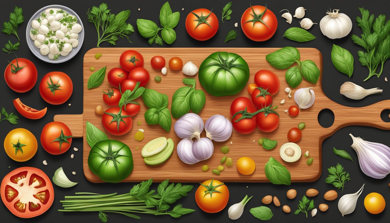 A colorful array of fresh tomatoes, garlic, herbs, and other wholesome ingredients arranged on a wooden cutting board, ready to be used in creating delicious and healthy diabetic-friendly recipes