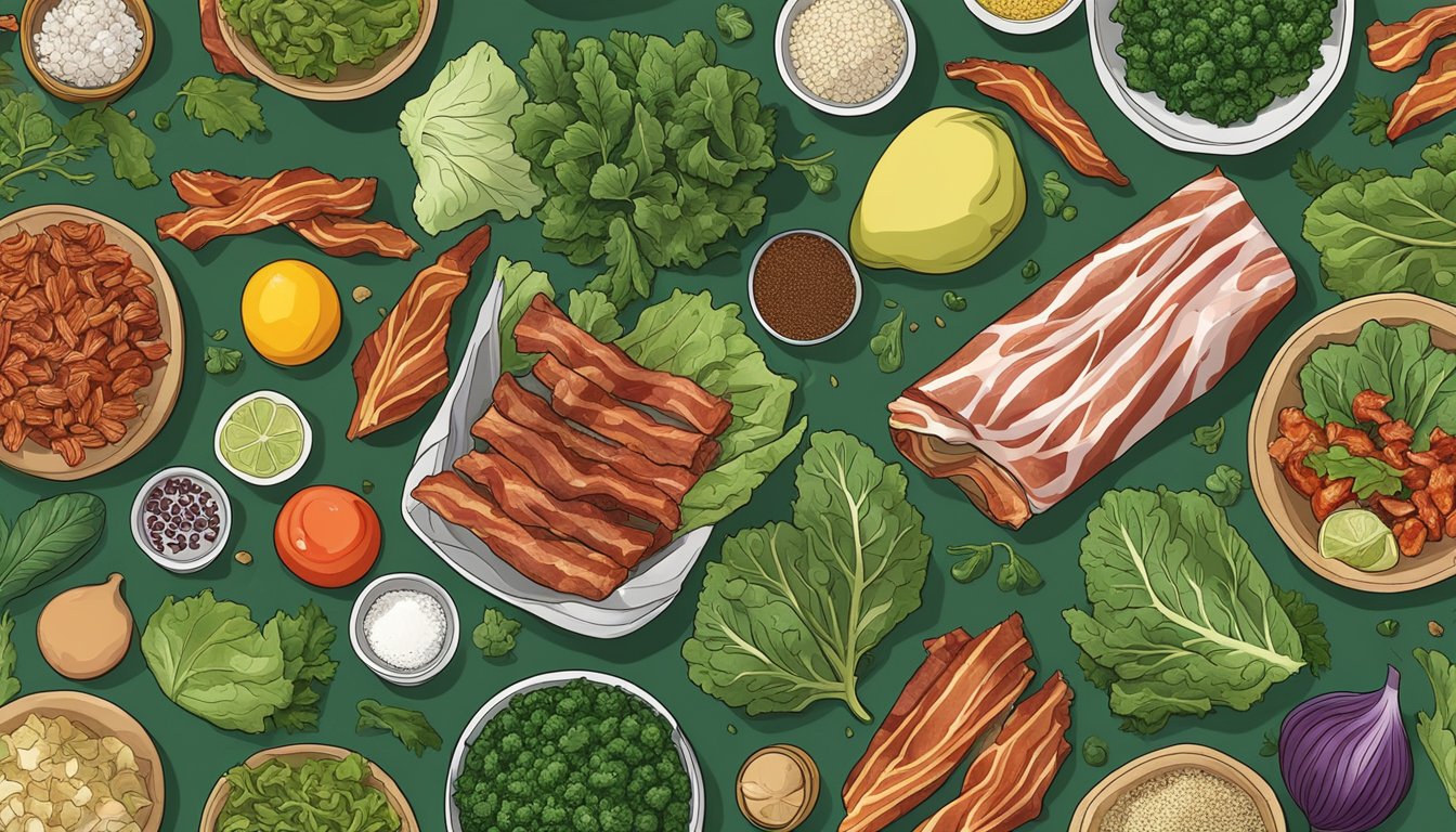 Fresh collard greens being wrapped around crispy bacon, surrounded by vibrant ingredients and a variety of spices