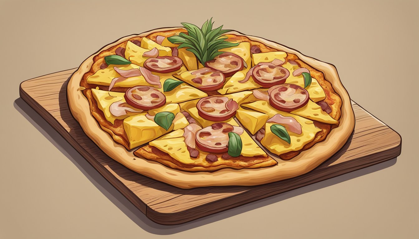 A pizza topped with chicken, bacon, and pineapple sits on a wooden cutting board