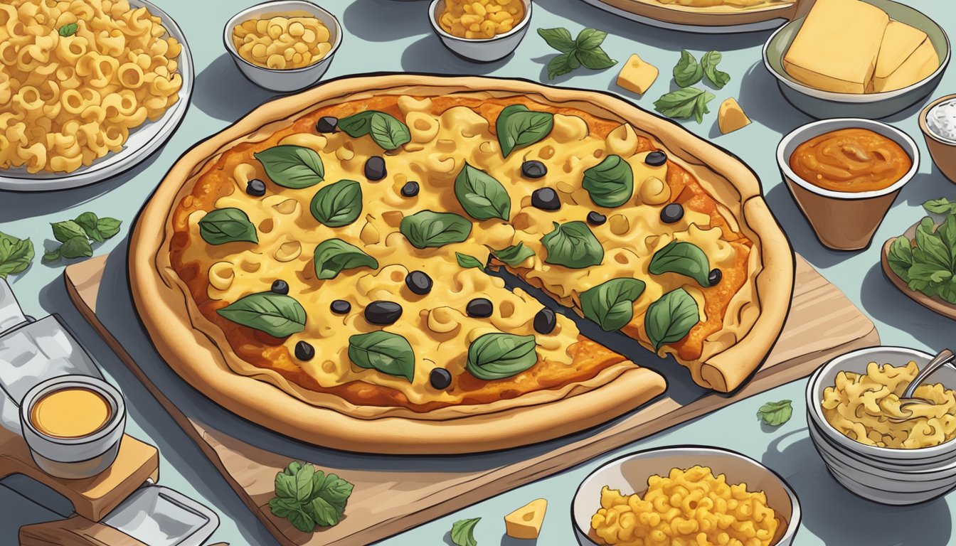 A pizza topped with mac and cheese, surrounded by vegan ingredients and stored in a refrigerator