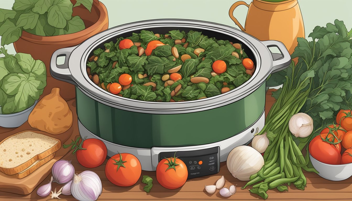 A slow cooker filled with collard green and bean stew, surrounded by fresh ingredients like tomatoes, onions, and herbs