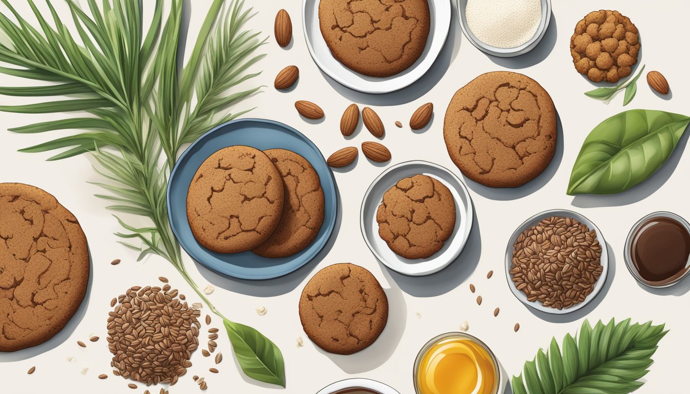 A plate of molasses cookies surrounded by various plant-based ingredients like flax seeds, coconut oil, and almond milk