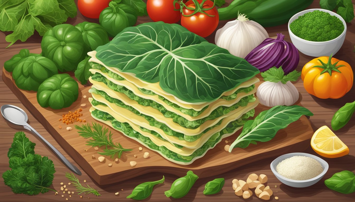 A colorful array of collard green vegetable lasagna ingredients arranged on a wooden cutting board, surrounded by vibrant herbs and spices