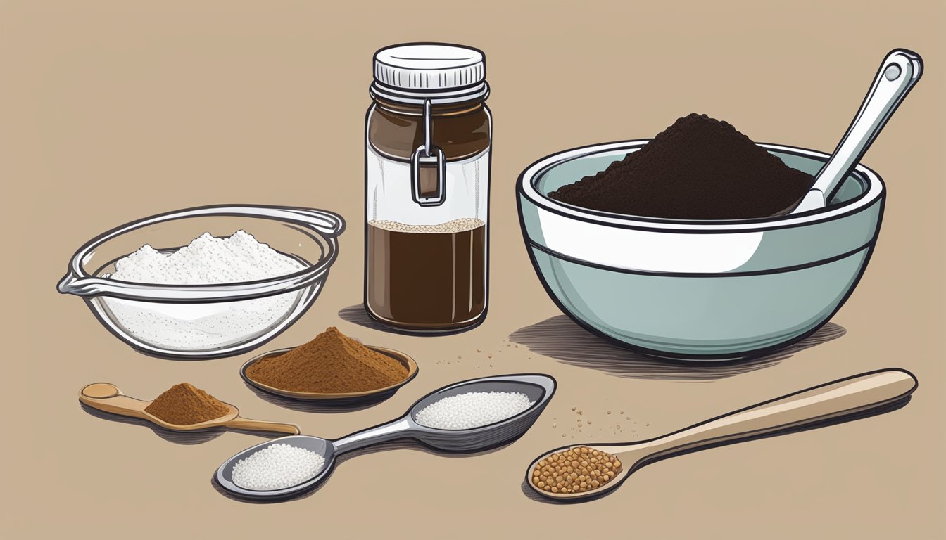 A mixing bowl filled with molasses, flour, sugar, and spices next to a jar of molasses and a measuring spoon