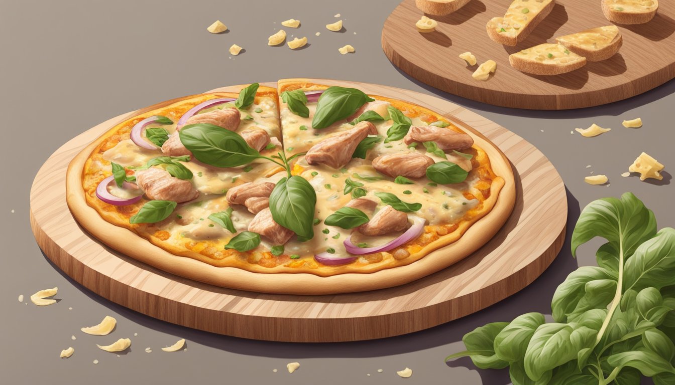 A pizza topped with vegan chicken, carbonara sauce, and plant-based cheese on a wooden pizza peel