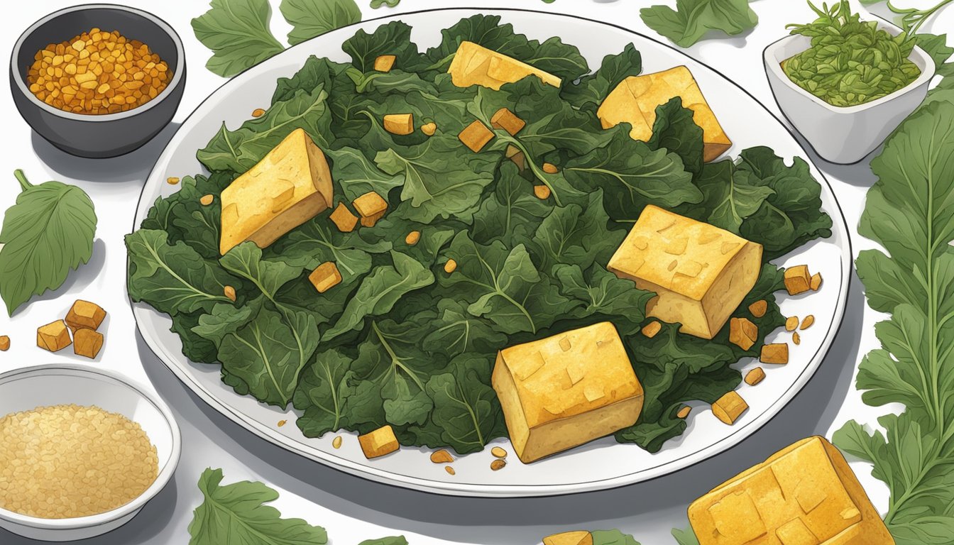 A colorful plate of curried collard greens with tofu, surrounded by fresh ingredients and spices