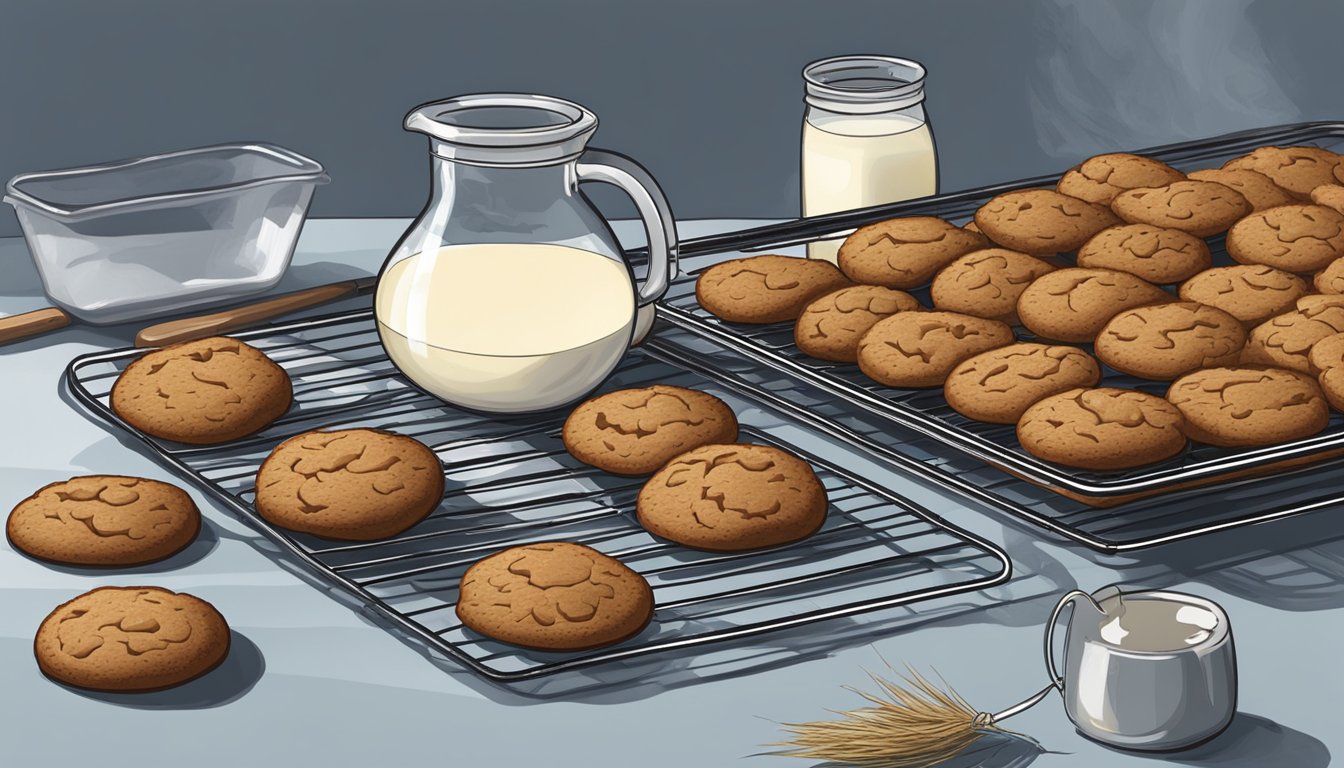 A mixing bowl filled with molasses, flaxseed, almond milk, and coconut oil. A tray of freshly baked molasses cookies cooling on a wire rack