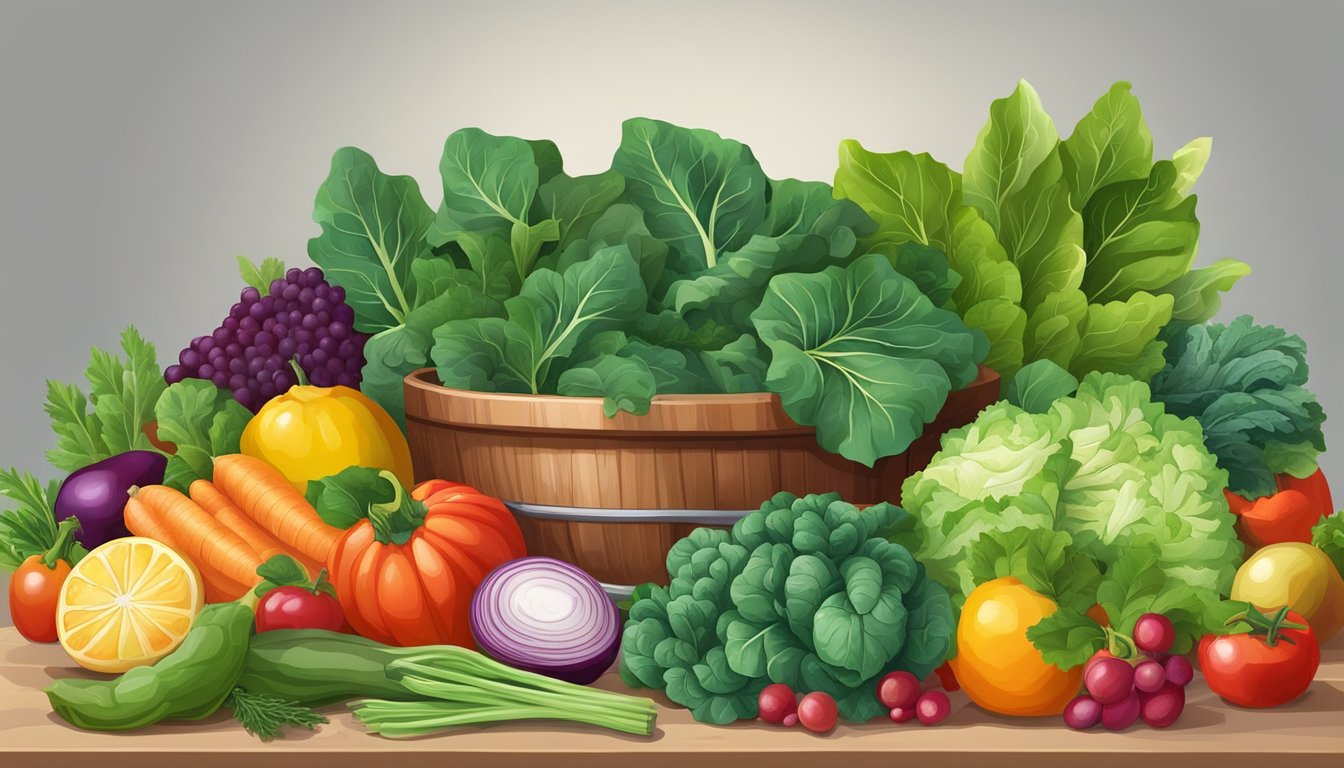 A colorful array of fresh collard greens, surrounded by vibrant vegetables and fruits, with a variety of cooking utensils and spices nearby