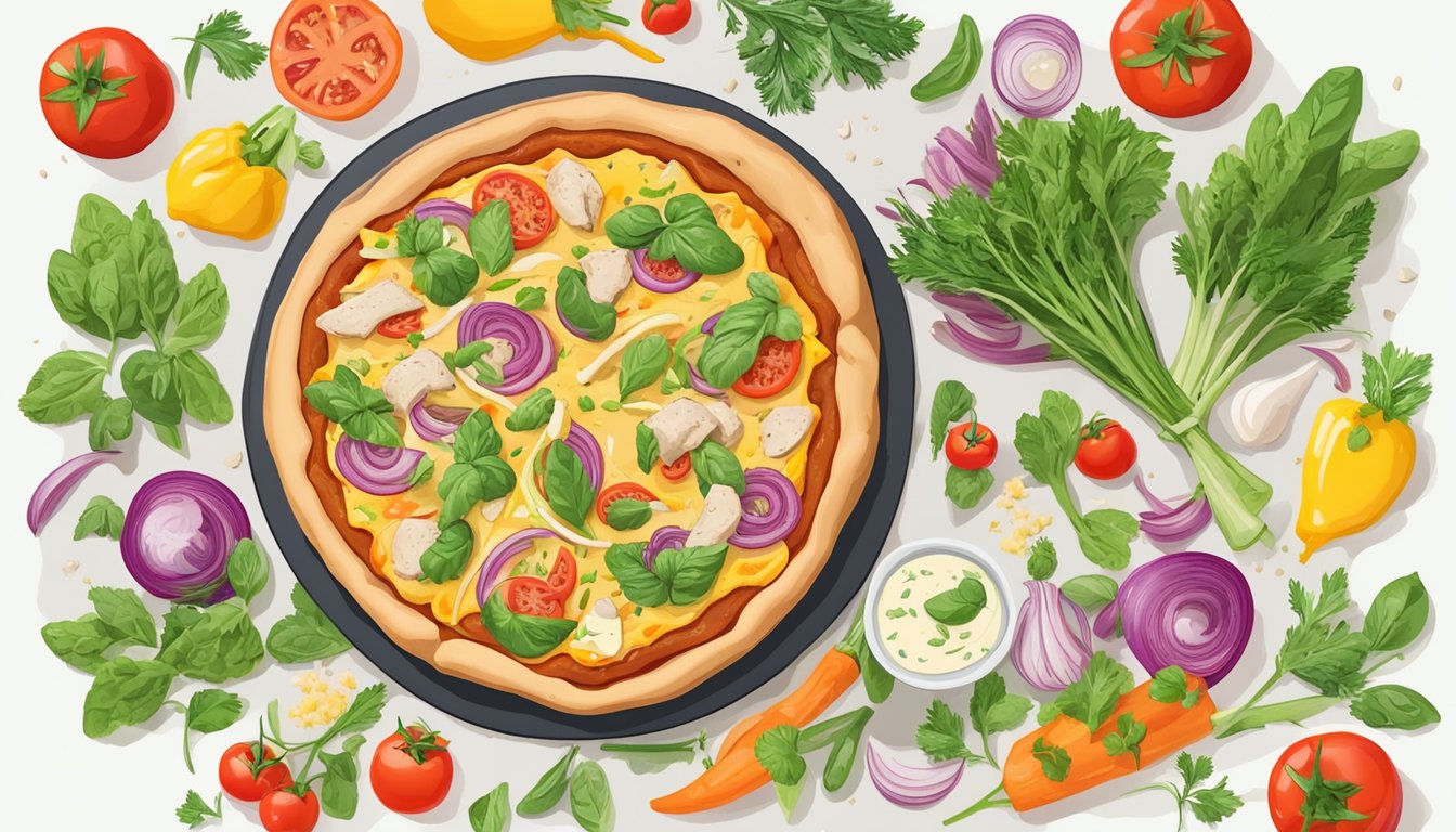 A colorful pizza with vegan chicken, dairy-free carbonara sauce, and plant-based cheese, surrounded by fresh vegetables and herbs