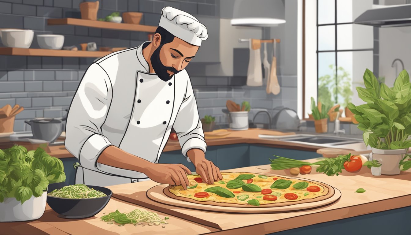 A chef prepares a vegan carbonara pizza, topping it with plant-based ingredients and carefully arranging them on the dough