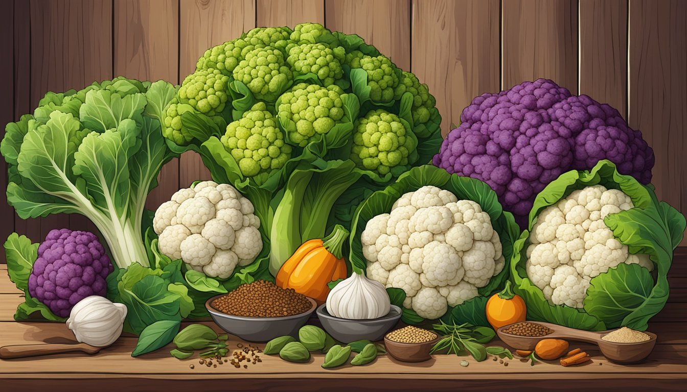 A colorful array of cauliflower heads, surrounded by various herbs, spices, and cooking utensils, displayed on a rustic wooden kitchen table