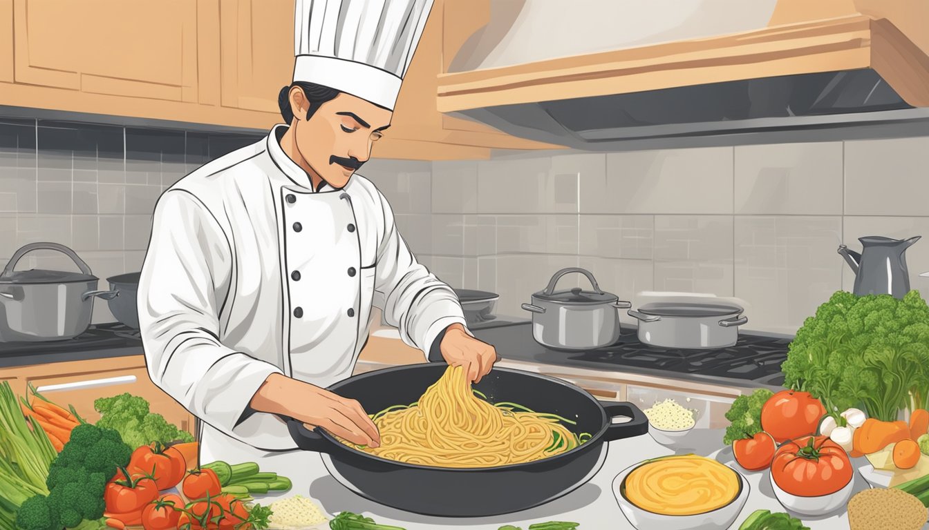 A chef preparing a steaming plate of vegan carbonara with fresh vegetables and a sprinkle of vegan cheese on top