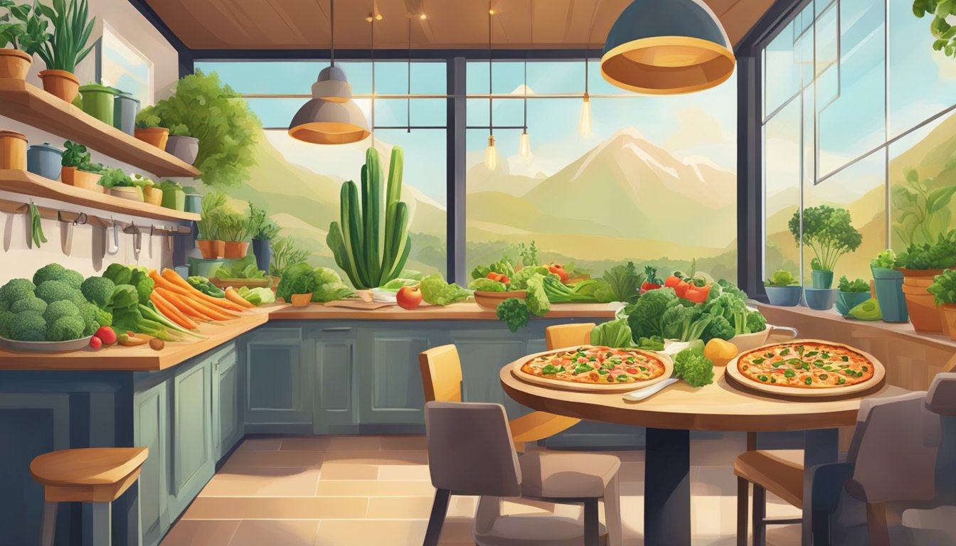 A colorful California Pizza kitchen with fresh vegetables and plant-based cheese