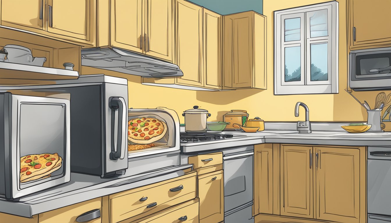 A kitchen counter with leftover chicken carbonara pizza being stored in airtight containers and then being reheated in a microwave