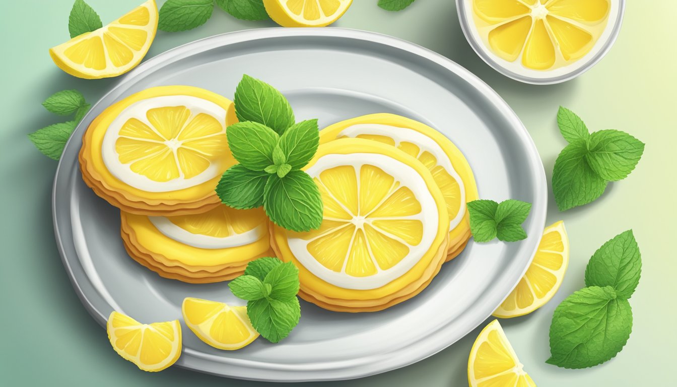 A plate of freshly baked lemon cookies surrounded by vibrant lemon slices and a sprig of fresh mint