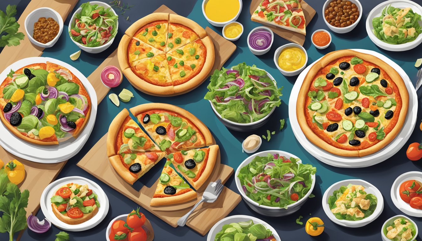 A table set with a colorful array of vegan pizzas and salads at California Pizza Kitchen