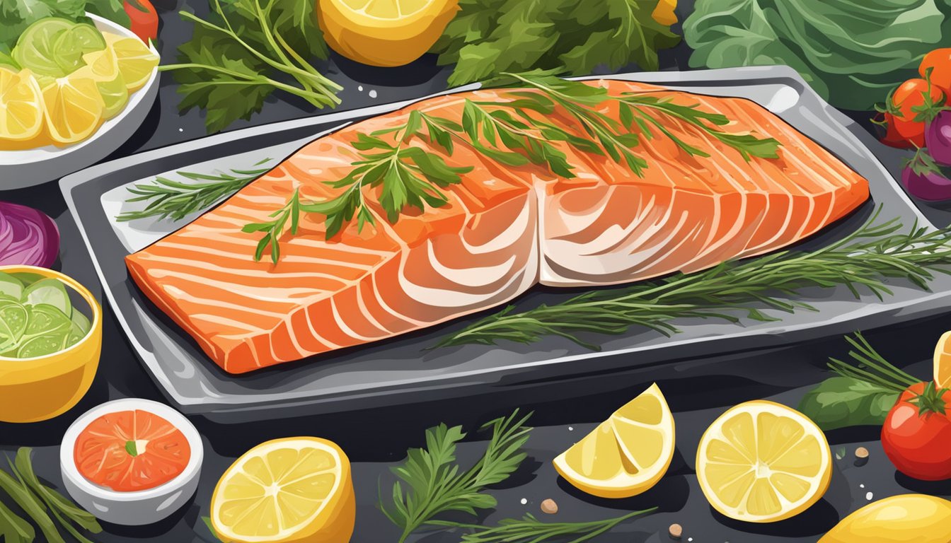 A sizzling salmon fillet with lemon and herbs grilling on a barbecue. Surrounding the fish are colorful vegetables and herbs, creating a vibrant and appetizing scene